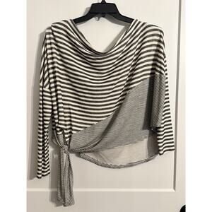 By Together Sz L Striped Top Asymmetric Stripe Shoulder Boho Preppy Black White